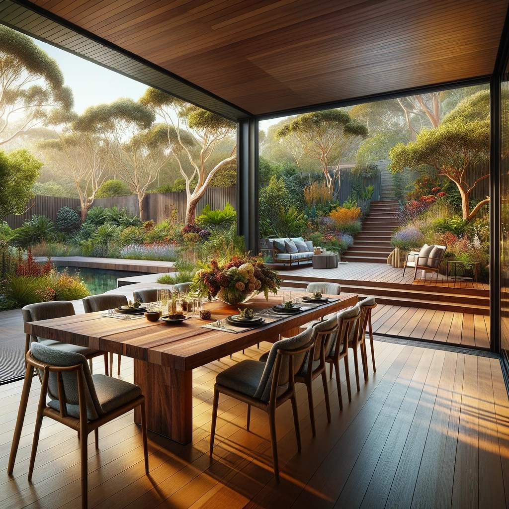 Beautifully designed dining area that seamlessly blends indoor and outdoor living. The focal point of the space is a large, elegant timber dining table overlooking an Australian garden.