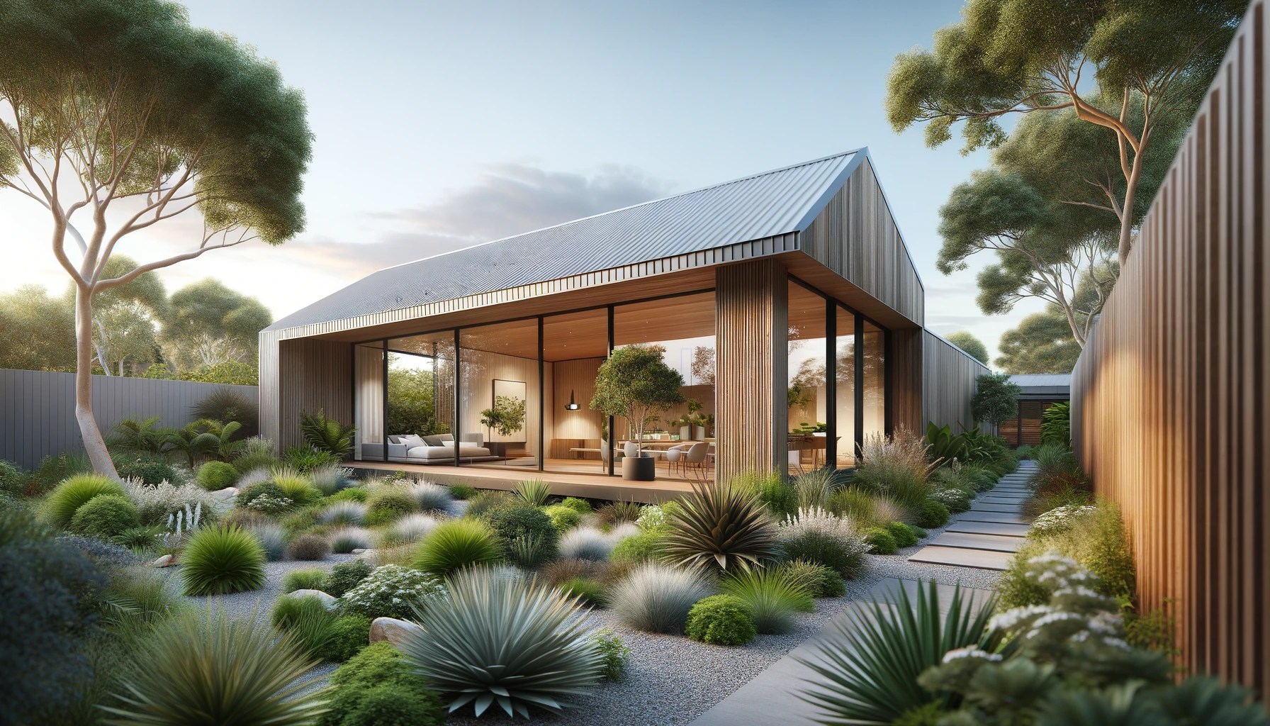 Healthy home with timber walls, large windows, a metal pitched roof, surrounded by an Australian garden with a small deck
