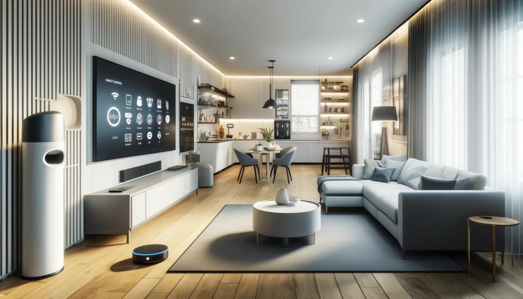 A sleek and minimalist living room in a modern smart home with a large smart TV, voice-activated speakers, windows without blinds, and an open-concept kitchen.