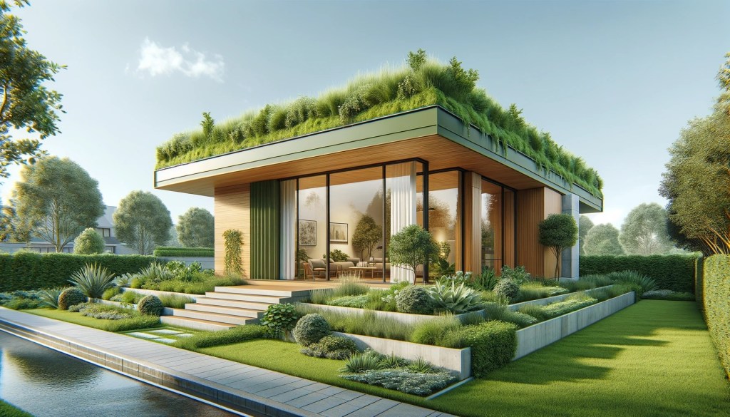 A modern house with a green roof covered in lush vegetation, blending seamlessly with the surrounding natural landscape.