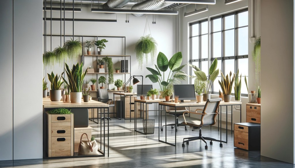 An office with a modern desk, chair, and several pot plants placed around the room, enhancing the workspace with natural greenery.