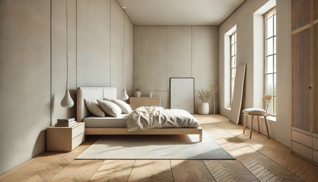 A clean and modern bedroom with hardwood floors, hypoallergenic bedding, and minimalistic decor.