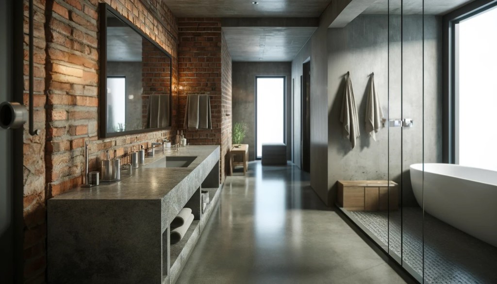A modern bathroom featuring concrete floors, exposed brick walls, and a granite bench.