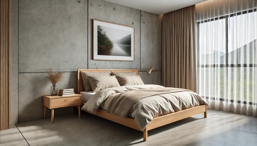 A serene bedroom with a comfortable bed, soft lighting, and natural décor promoting restful sleep and well-being.