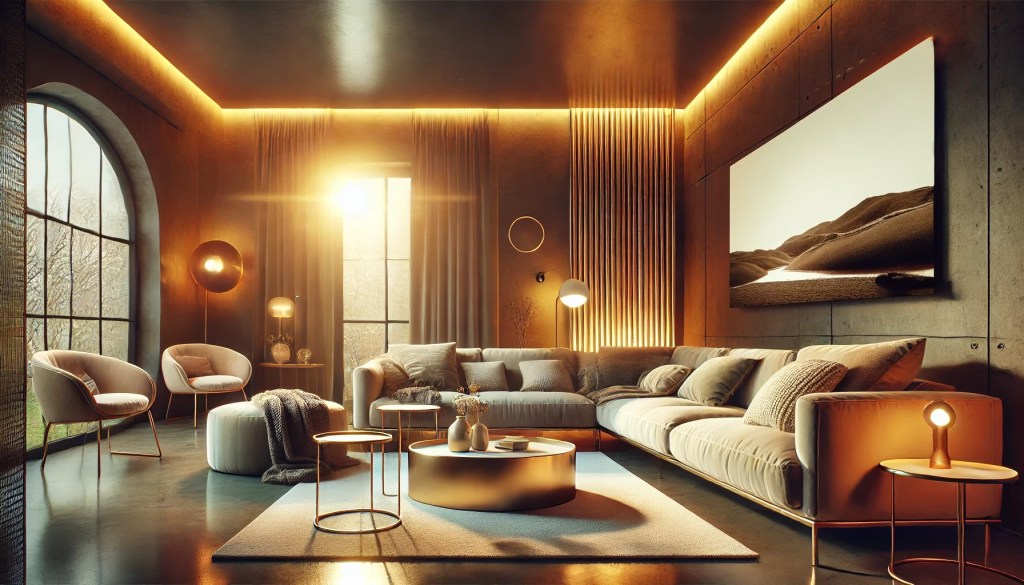 A warmly lit lounge room with comfortable seating, a soft rug, and large windows, showcasing a cozy and sustainable living space.