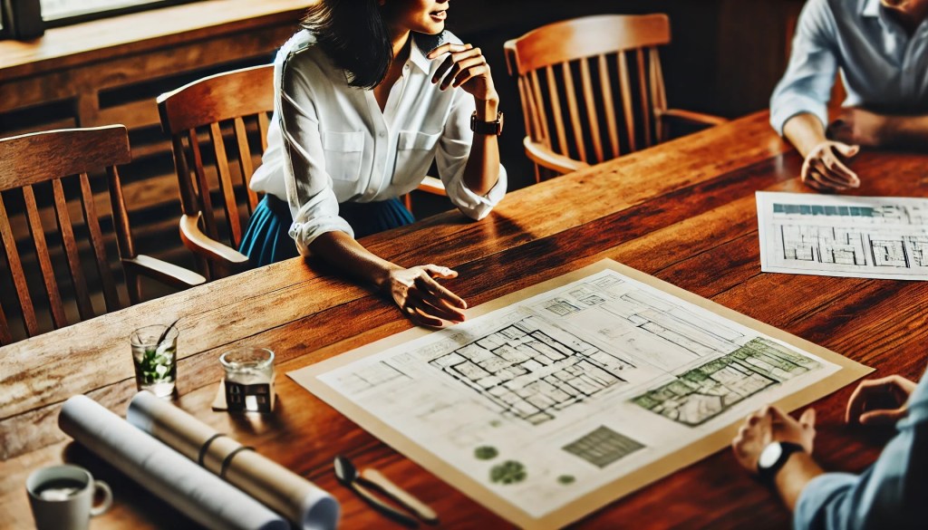 Three people discussing building plans around a timber table, collaborating on the design of a health-focused home.