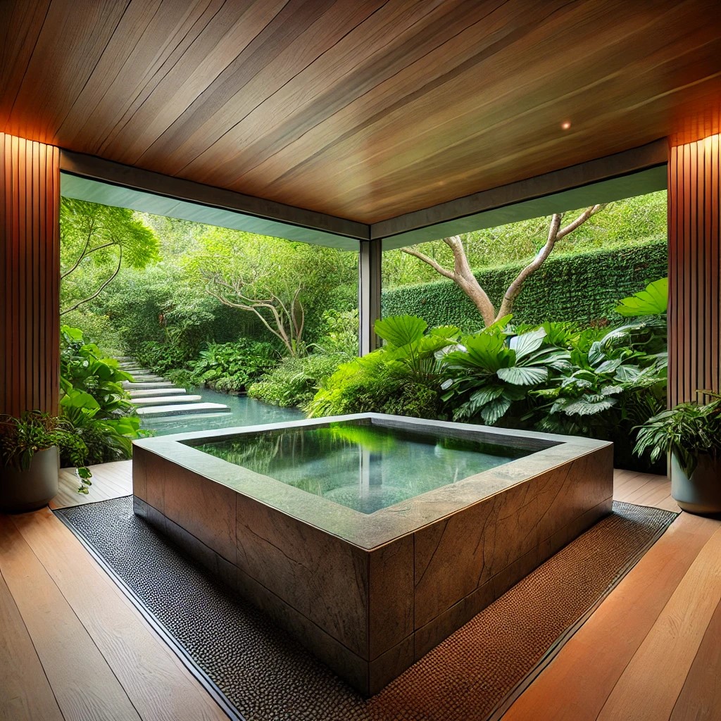A modern indoor onsen bath set in an Australian garden, featuring a deep rectangular stone tub with clear, steaming water. Large windows provide views of lush green plants outside, while the interior showcases polished timber accents.