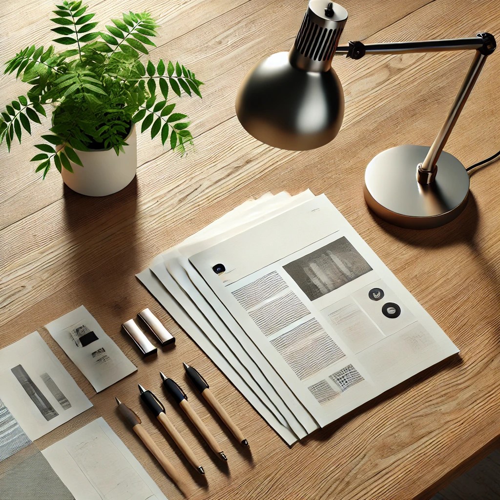 A timber desk with a lamp, plant, pens, and papers, designed for a healthy and productive workspace.
