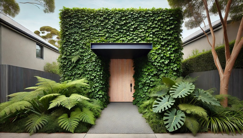 A modern entryway with a wide light timber door, covered in dense Boston Ivy. The minimalist awning is obscured by ivy, while the ground features flat, textured granite. The path to the door is flanked by large ferns.