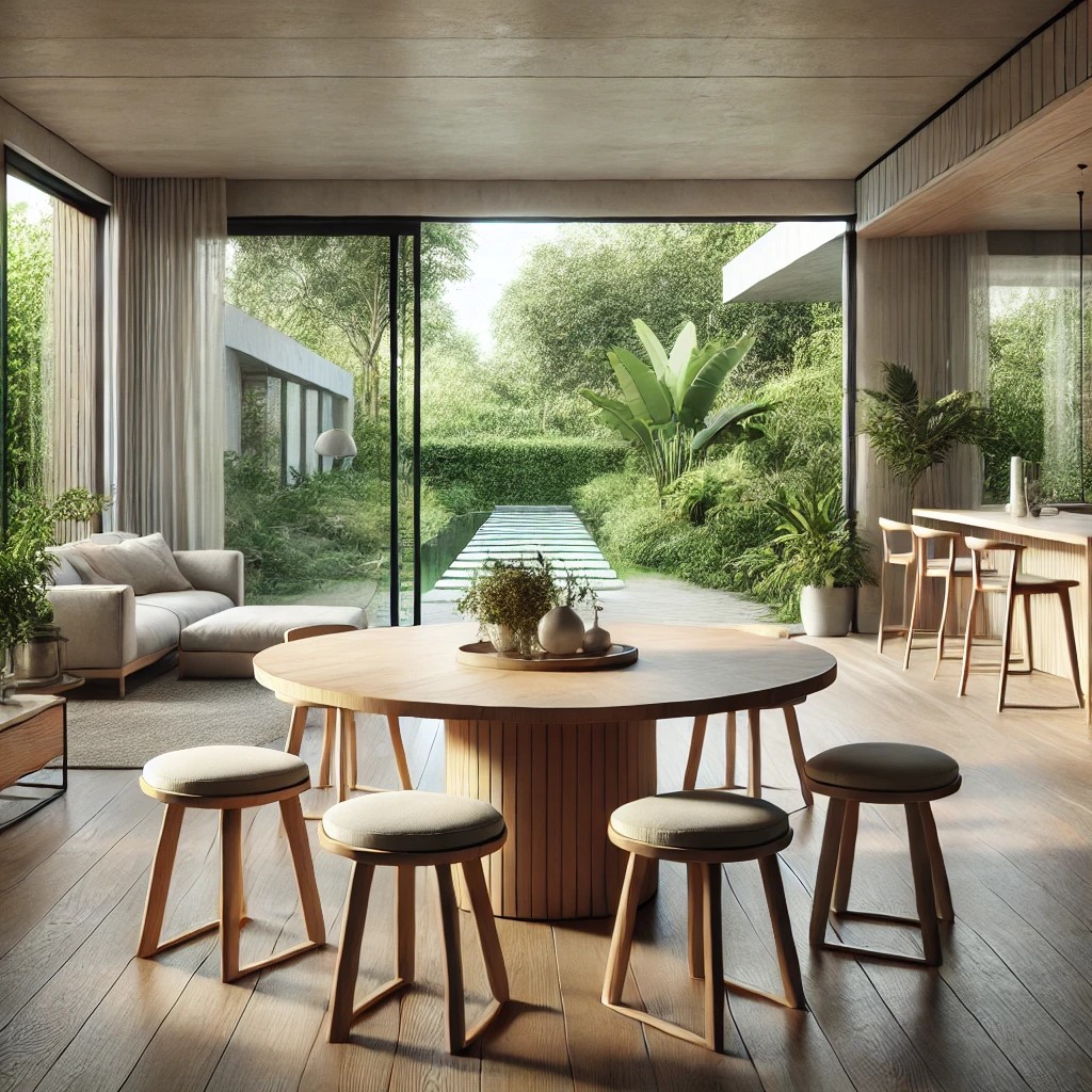 Round dining table in a bright room with large windows overlooking a lush garden, emphasising a zero-VOC, nature-inspired design.