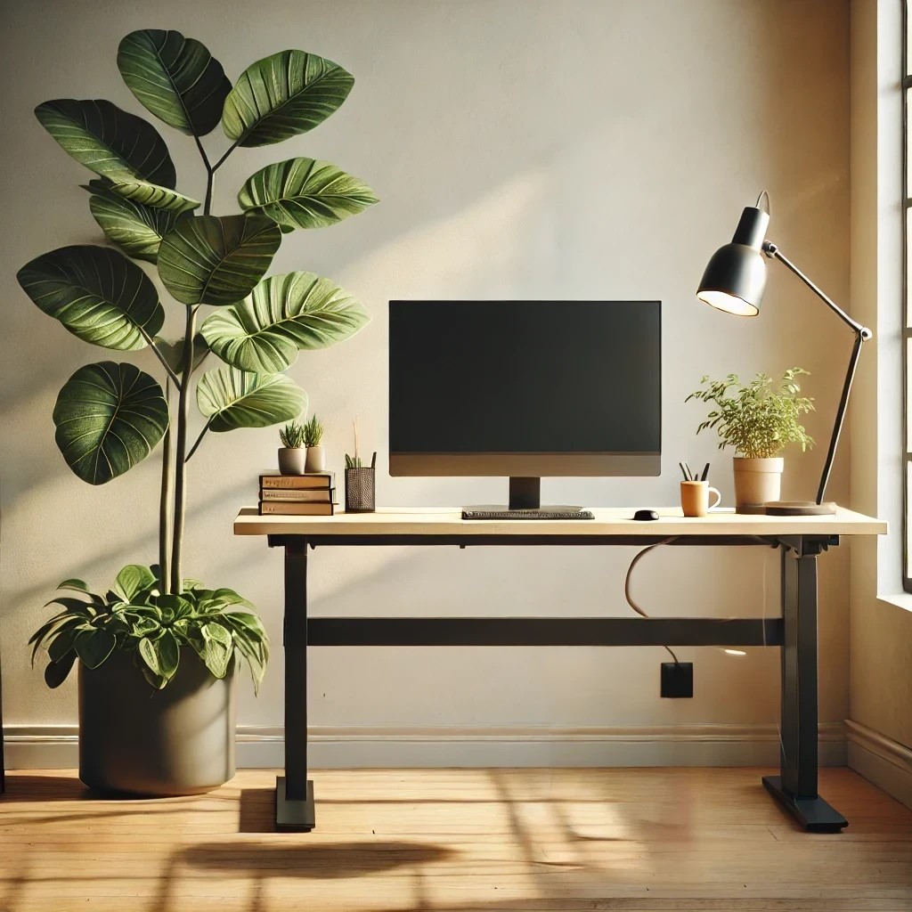 Timber standing desk in a softly lit room with a potted tree showcasing ergonomic and natural home office design.